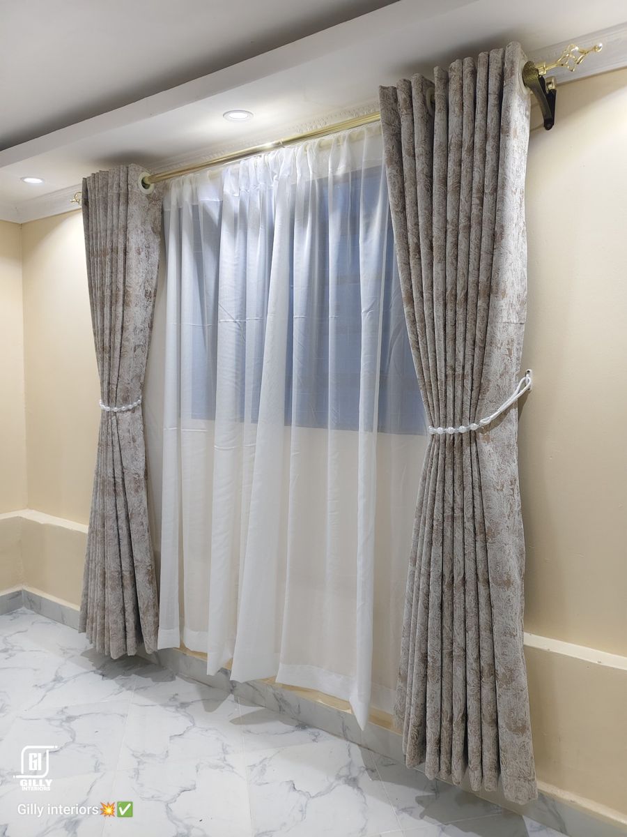 Textured drapes with sheers, installed
